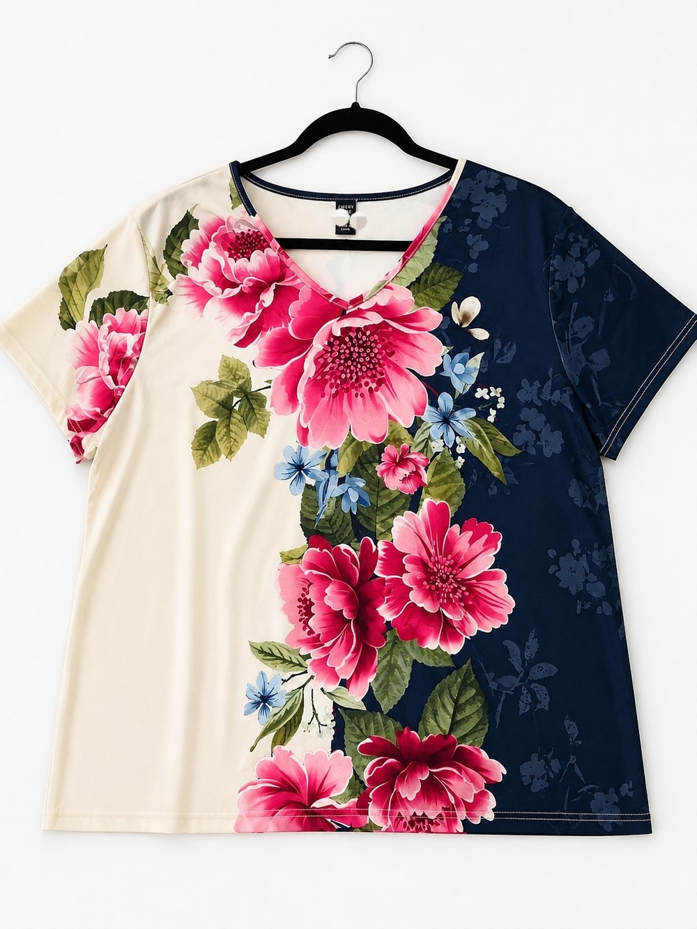 V-Neck Floral Colorblock Tee - Pink, Navy & Cream